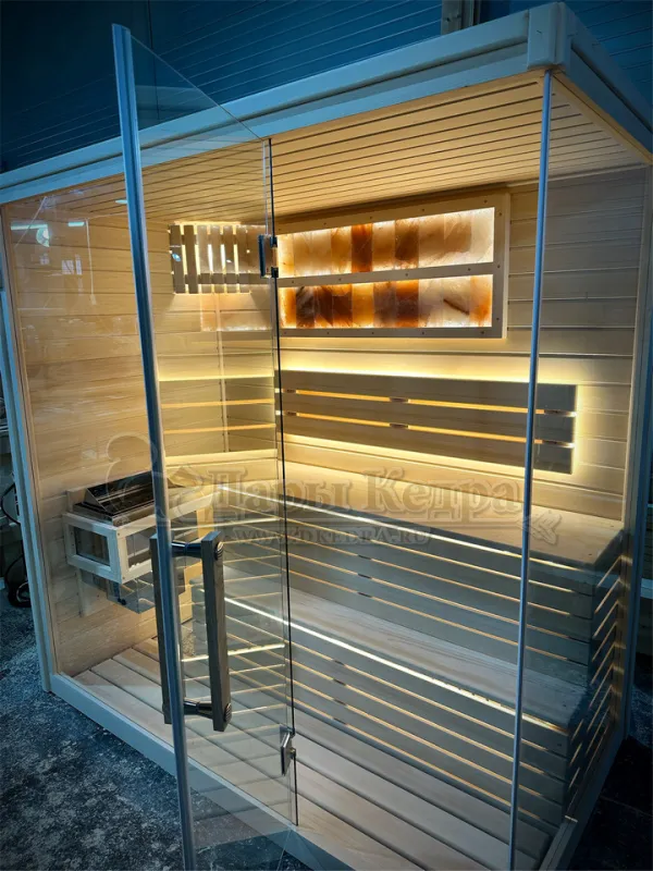 Трехместная прямая финская «Элит» сауна кабина из кедра и липы с электрокаменкой